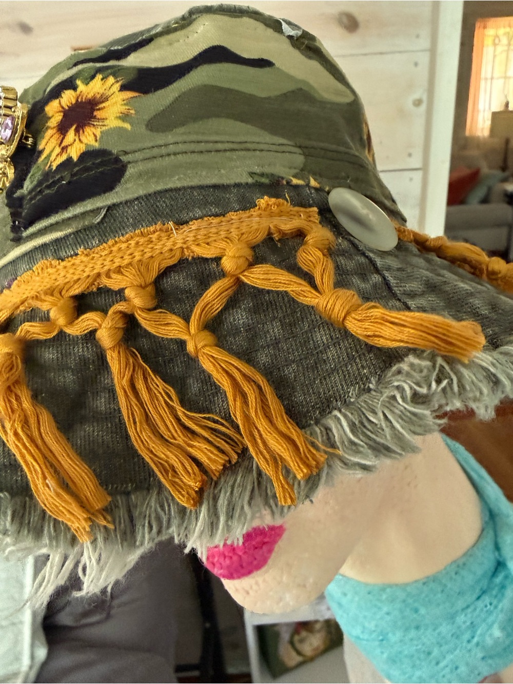 Upcycled green wash cotton bucket Hat camo sunflower fringed New OS - Picture 4 of 8